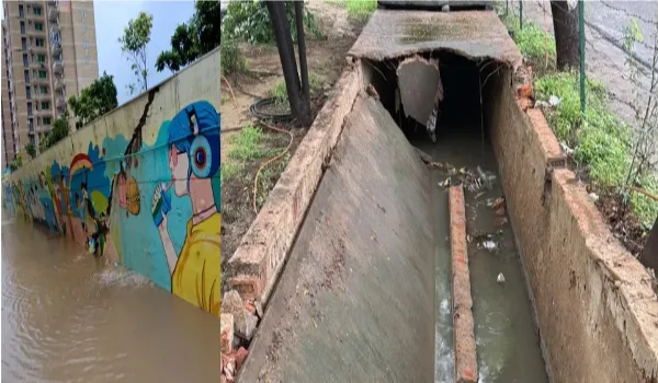 ग्रेटर नोएडा में बारिश ने खोली लापरवाही की पोल, कहीं गिरी सोसायटी की दीवार तो कहीं बीच सड़क धंसा नाला
